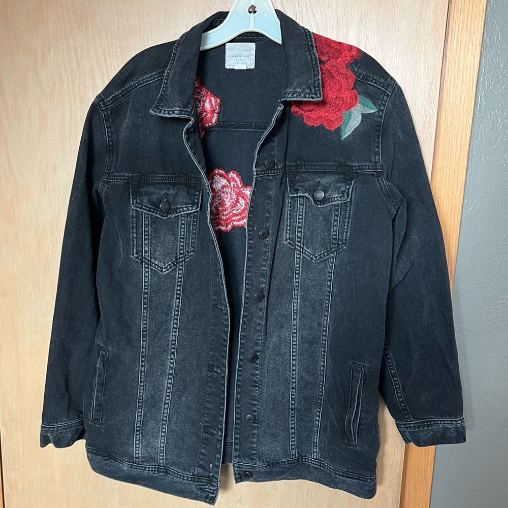 American Eagle Embroidered Black Denim Jacket